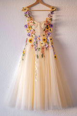 3D Homecoming Dress Flower Tulle Tea Length PartyesShort Party Cocktail Dress