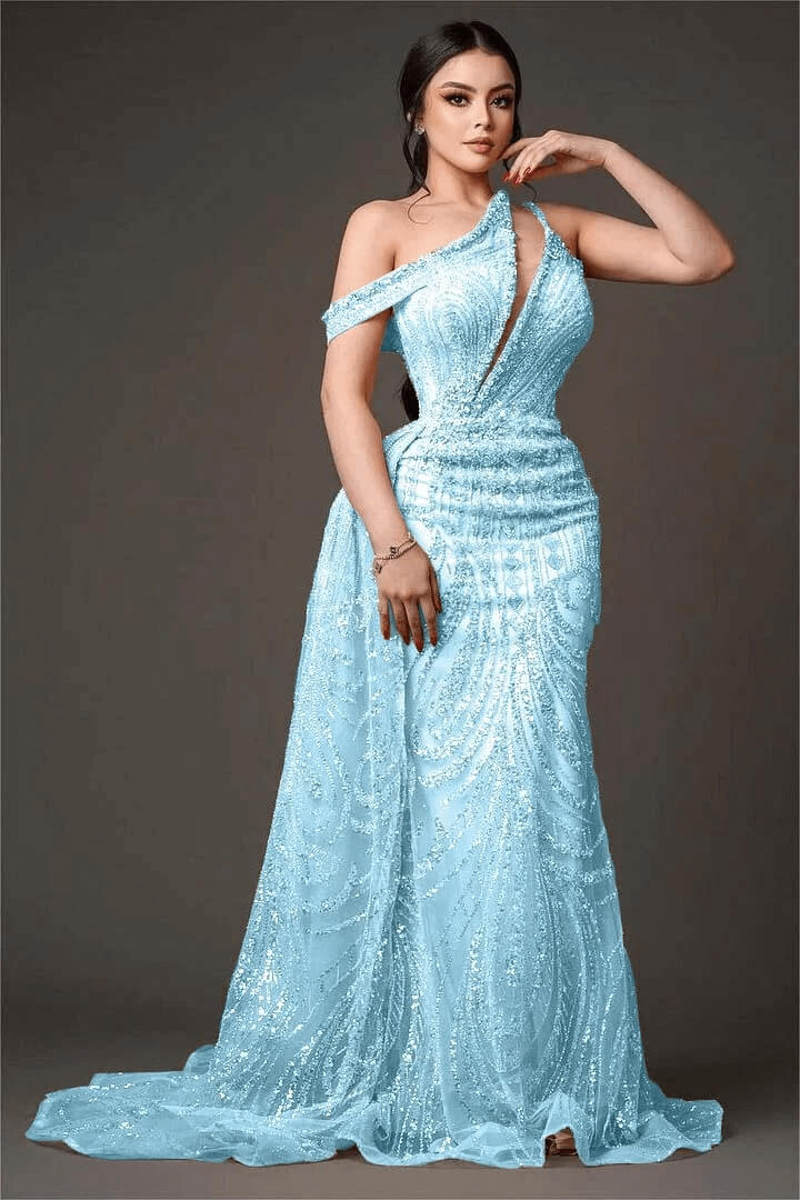 Champagne Mermaid Prom Dress Cap Sleeve Asymmetric Neck Formal Dress With Beadings and Rhinestones