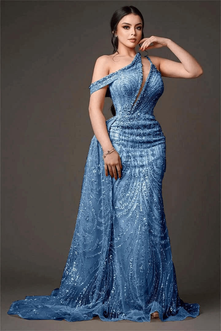Champagne Mermaid Prom Dress Cap Sleeve Asymmetric Neck Formal Dress With Beadings and Rhinestones