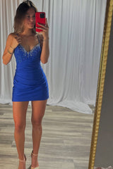 Dressystars Royal Blue Bodycon V Neck Short Corset Homecoming Dress with Beading