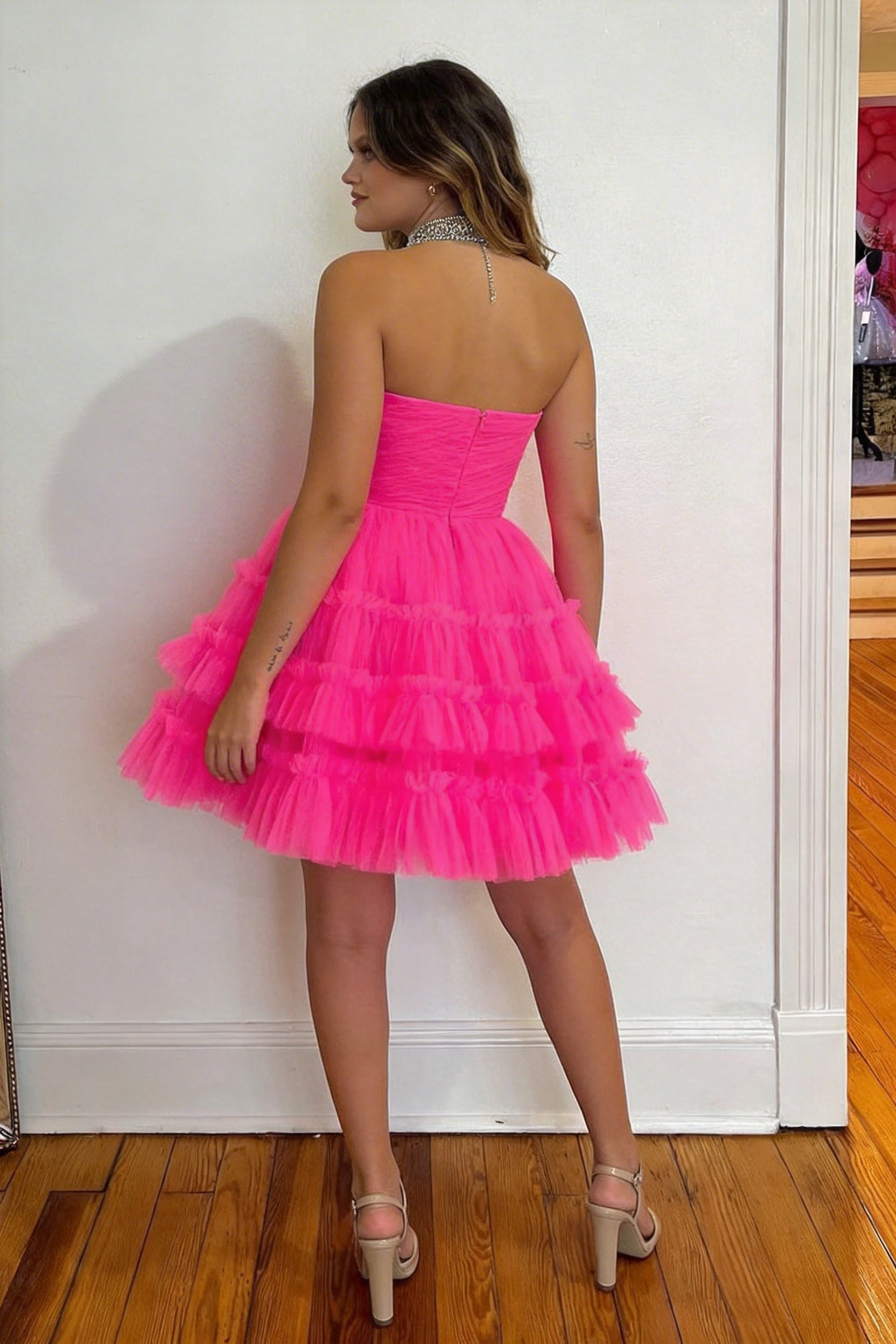 A Line Homecoming Dress Heart shaped Tulle Corset Fuchsia Short Party Cocktail Dress