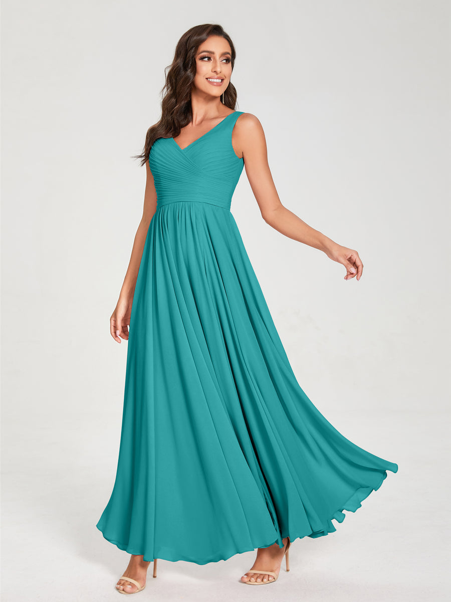 A-Line/Princess Chiffon V-Neck Sleeveless With Pleats Floor-Length Lace Up Bridesmaid Dresses Aqua Blue
