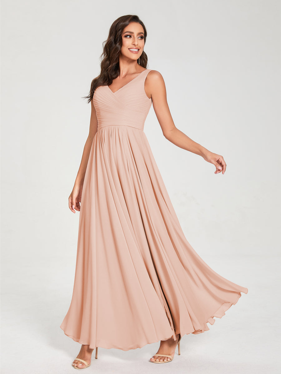 A-Line/Princess Chiffon V-Neck Sleeveless With Pleats Floor-Length Lace Up Bridesmaid Dresses Blush Pink