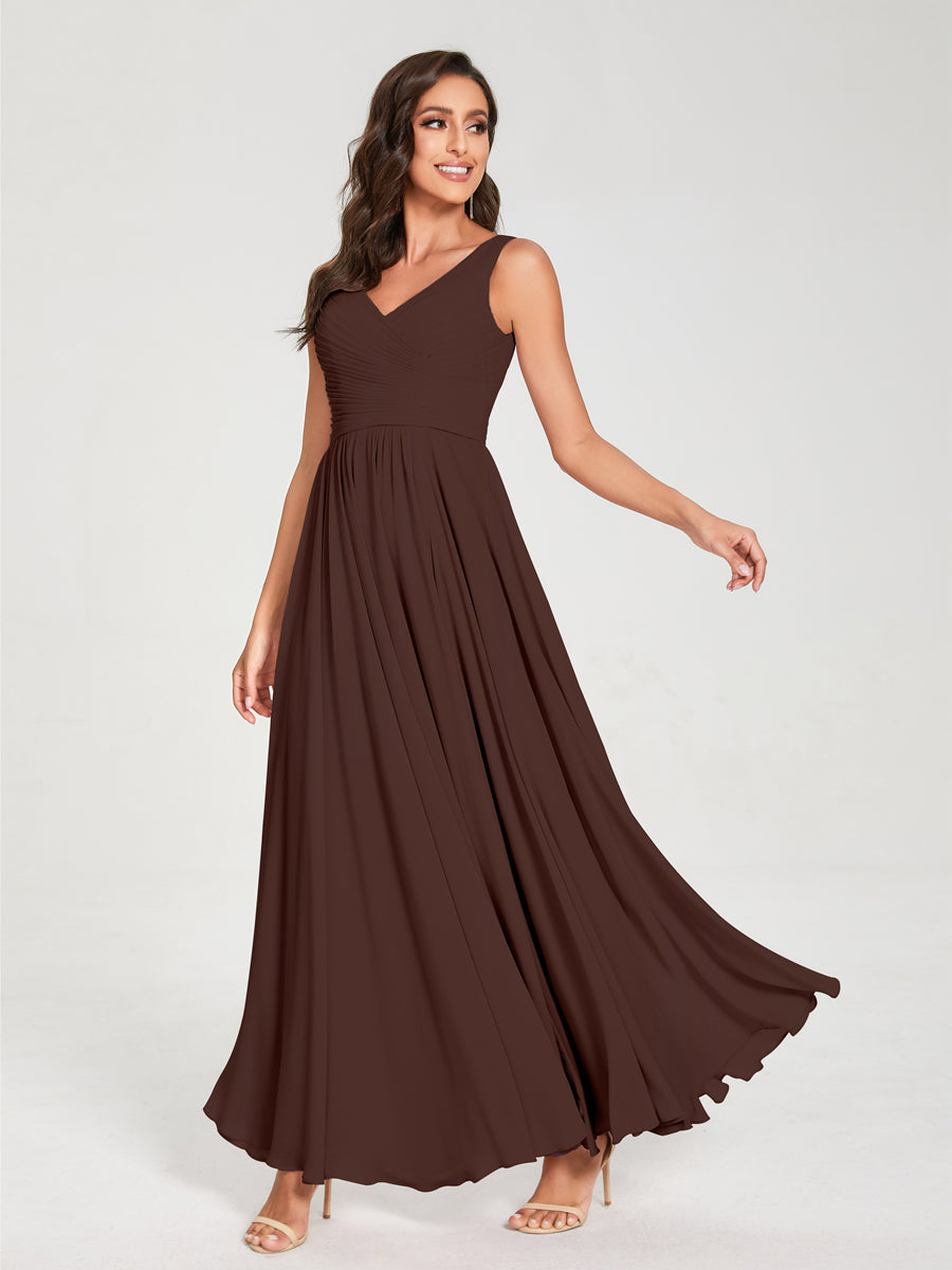 A-Line/Princess Chiffon V-Neck Sleeveless With Pleats Floor-Length Lace Up Bridesmaid Dresses Brown