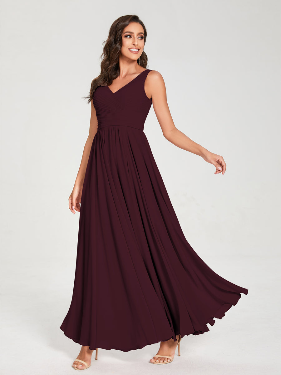 A-Line/Princess Chiffon V-Neck Sleeveless With Pleats Floor-Length Lace Up Bridesmaid Dresses Burgundy