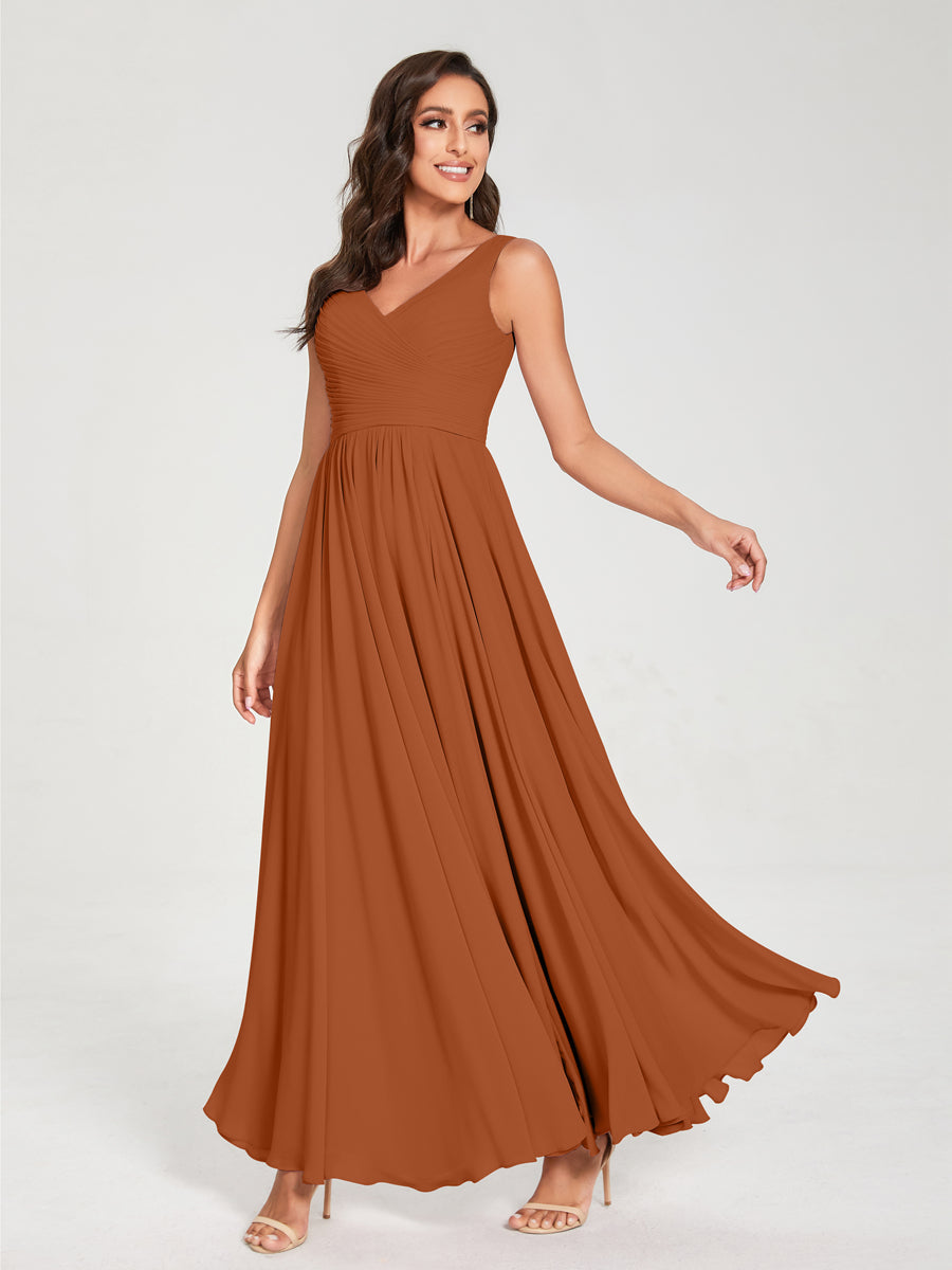 A-Line/Princess Chiffon V-Neck Sleeveless With Pleats Floor-Length Lace Up Bridesmaid Dresses Burnt Orange