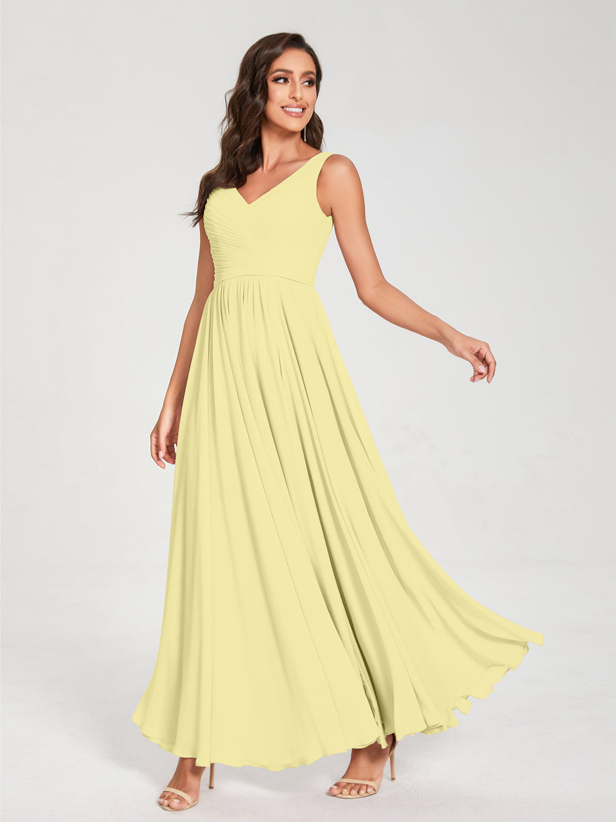A-Line/Princess Chiffon V-Neck Sleeveless With Pleats Floor-Length Lace Up Bridesmaid Dresses Canary