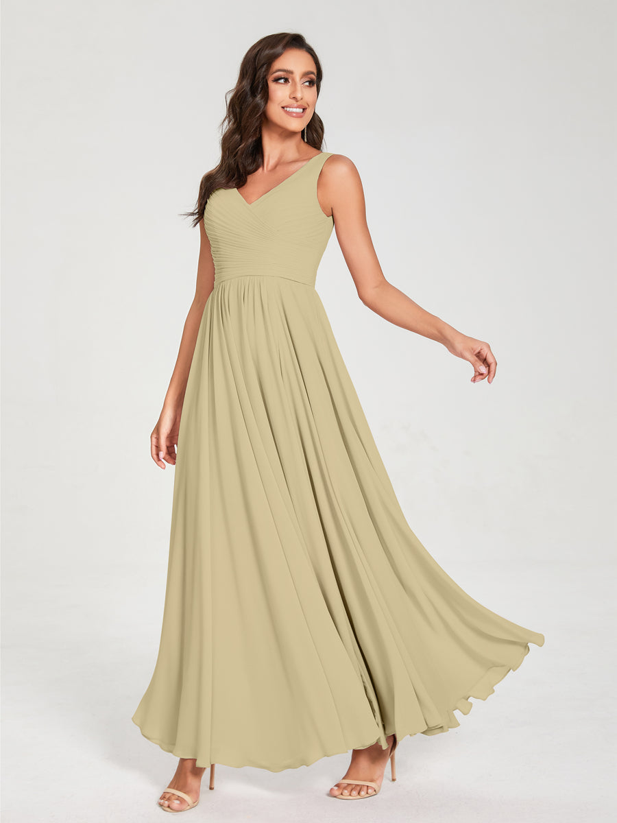 A-Line/Princess Chiffon V-Neck Sleeveless With Pleats Floor-Length Lace Up Bridesmaid Dresses Champagne