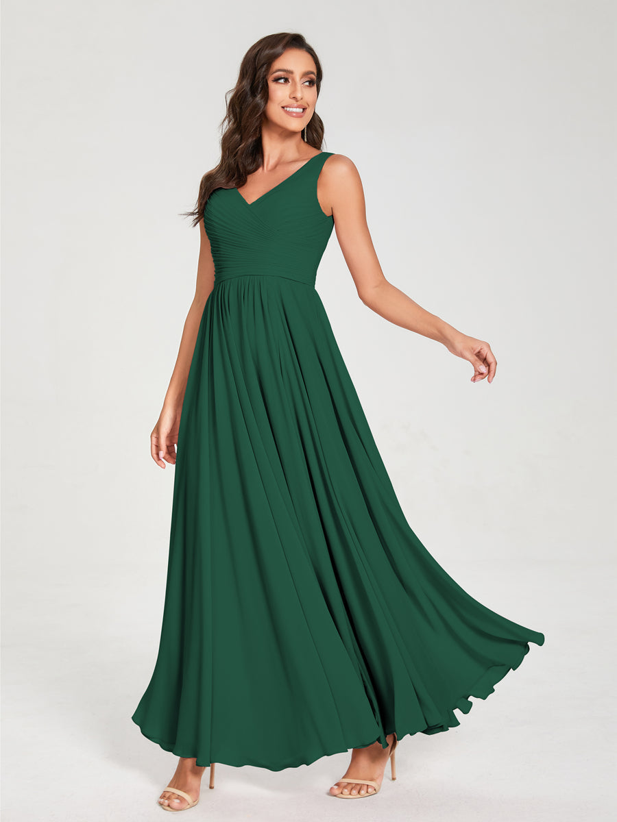 A-Line/Princess Chiffon V-Neck Sleeveless With Pleats Floor-Length Lace Up Bridesmaid Dresses Dark Green