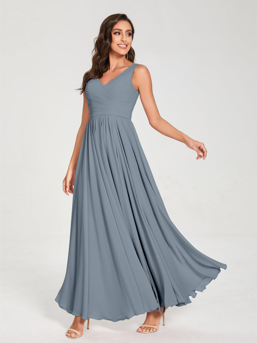 A-Line/Princess Chiffon V-Neck Sleeveless With Pleats Floor-Length Lace Up Bridesmaid Dresses Dusty Blue