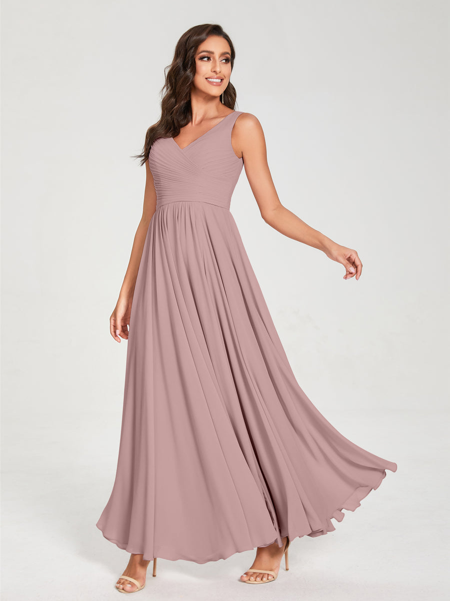 A-Line/Princess Chiffon V-Neck Sleeveless With Pleats Floor-Length Lace Up Bridesmaid Dresses Dusty Pink