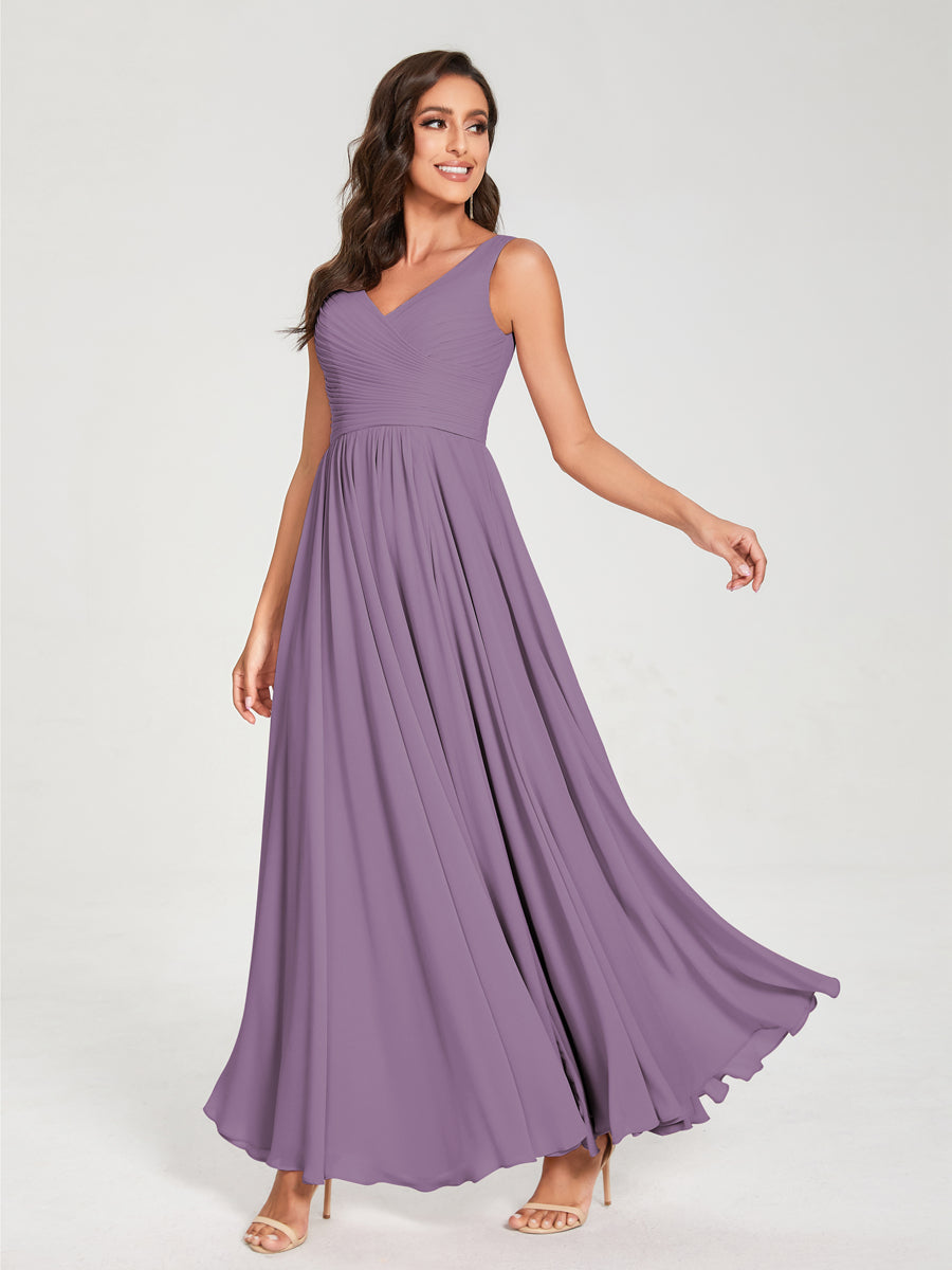 A-Line/Princess Chiffon V-Neck Sleeveless With Pleats Floor-Length Lace Up Bridesmaid Dresses Dusty Purple