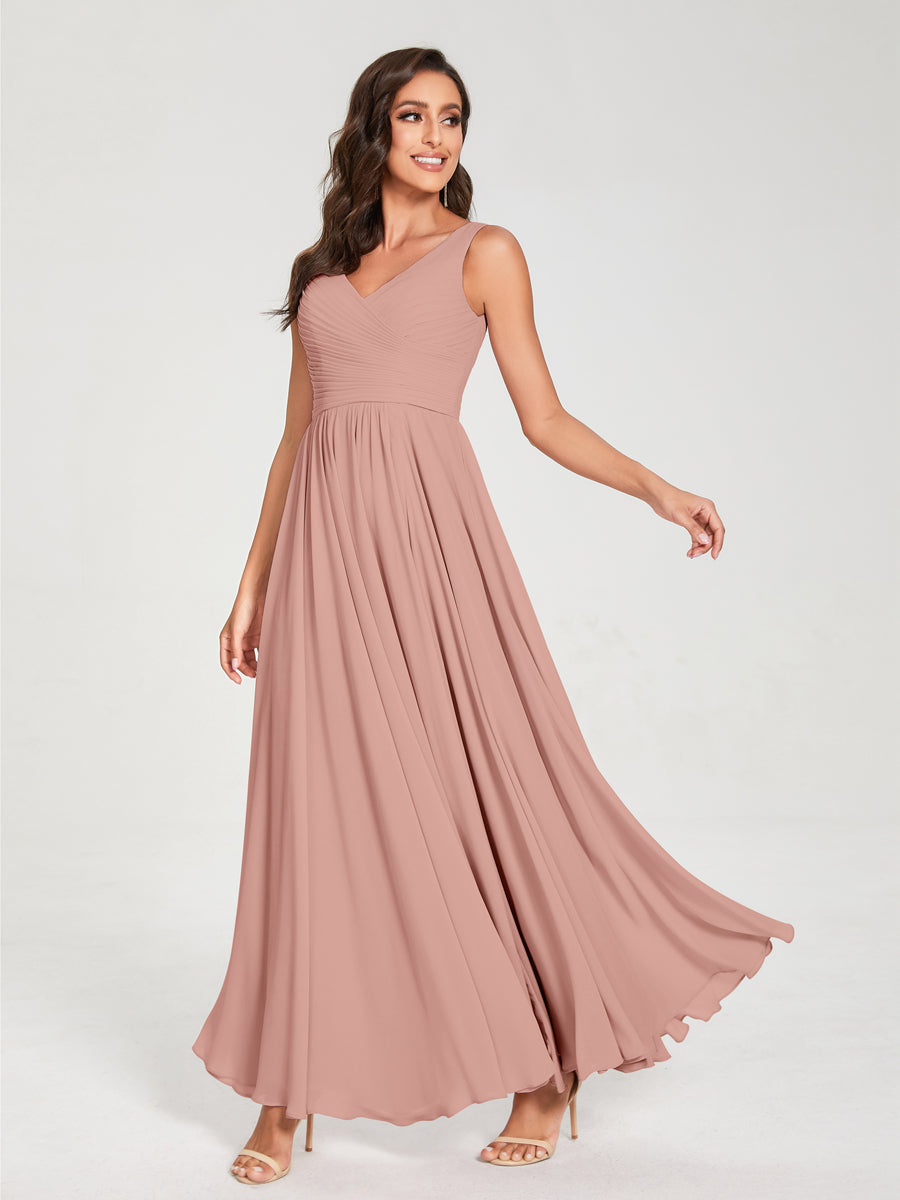 A-Line/Princess Chiffon V-Neck Sleeveless With Pleats Floor-Length Lace Up Bridesmaid Dresses Dusty Rose