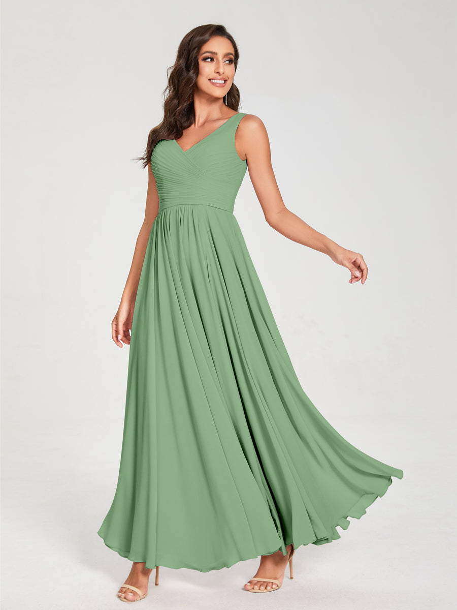 A-Line/Princess Chiffon V-Neck Sleeveless With Pleats Floor-Length Lace Up Bridesmaid Dresses Dusty Sage