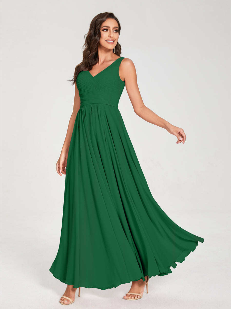 A-Line/Princess Chiffon V-Neck Sleeveless With Pleats Floor-Length Lace Up Bridesmaid Dresses Emerald