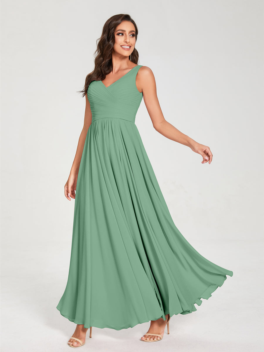 A-Line/Princess Chiffon V-Neck Sleeveless With Pleats Floor-Length Lace Up Bridesmaid Dresses Eucalyptus