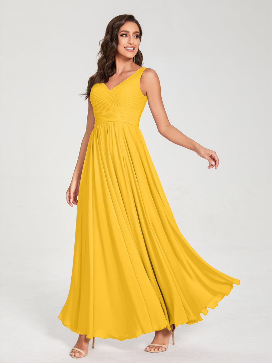 A-Line/Princess Chiffon V-Neck Sleeveless With Pleats Floor-Length Lace Up Bridesmaid Dresses Gold