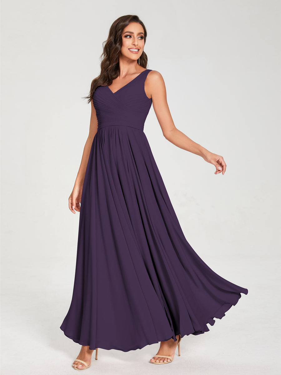 A-Line/Princess Chiffon V-Neck Sleeveless With Pleats Floor-Length Lace Up Bridesmaid Dresses Grape