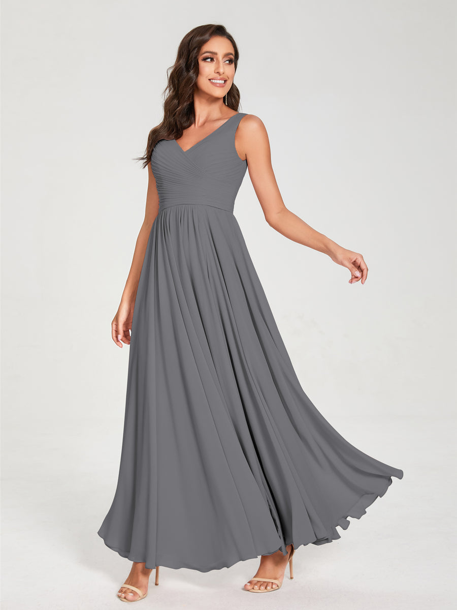 A-Line/Princess Chiffon V-Neck Sleeveless With Pleats Floor-Length Lace Up Bridesmaid Dresses Gray