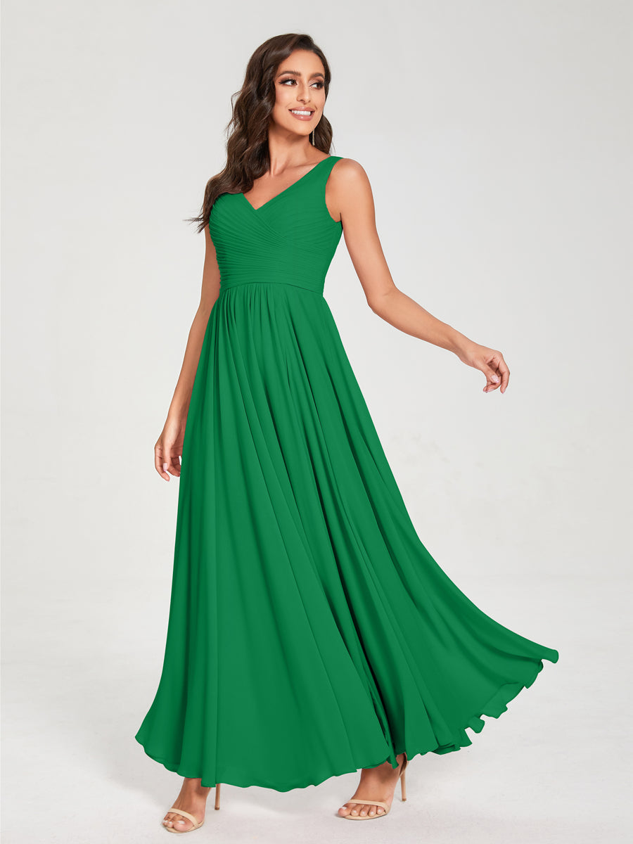 A-Line/Princess Chiffon V-Neck Sleeveless With Pleats Floor-Length Lace Up Bridesmaid Dresses Green