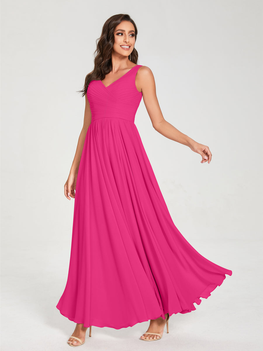 A-Line/Princess Chiffon V-Neck Sleeveless With Pleats Floor-Length Lace Up Bridesmaid Dresses Hot Pink