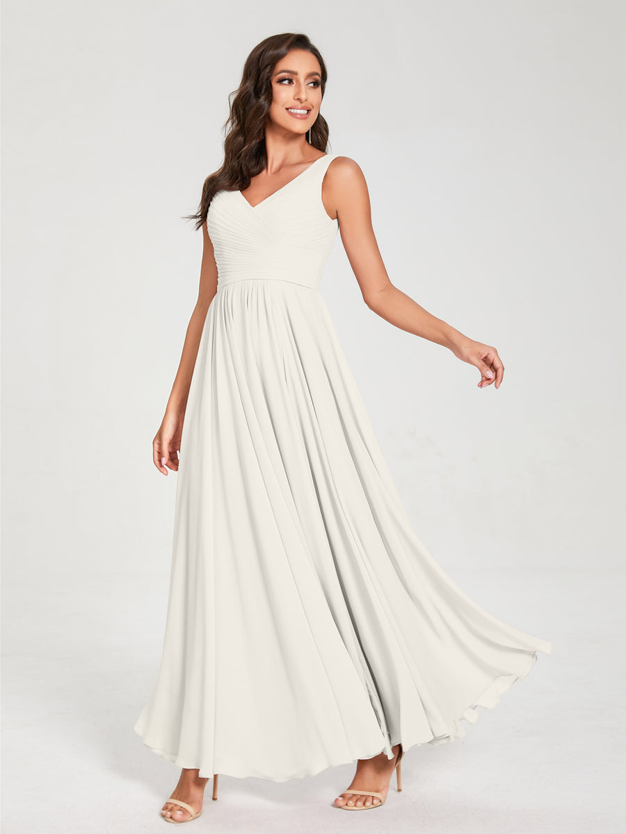 A-Line/Princess Chiffon V-Neck Sleeveless With Pleats Floor-Length Lace Up Bridesmaid Dresses Ivory