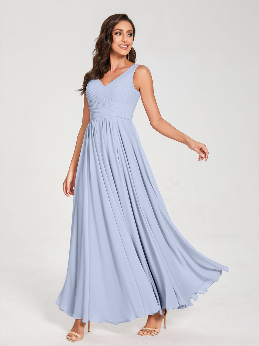 A-Line/Princess Chiffon V-Neck Sleeveless With Pleats Floor-Length Lace Up Bridesmaid Dresses Lavender