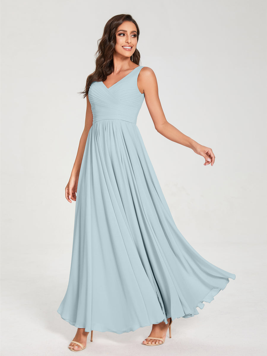 A-Line/Princess Chiffon V-Neck Sleeveless With Pleats Floor-Length Lace Up Bridesmaid Dresses Light Blue