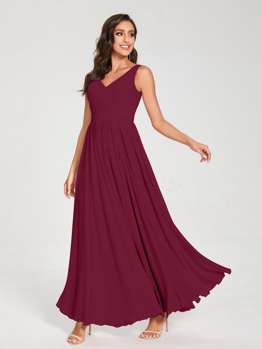 A-Line/Princess Chiffon V-Neck Sleeveless With Pleats Floor-Length Lace Up Bridesmaid Dresses Light Burgundy