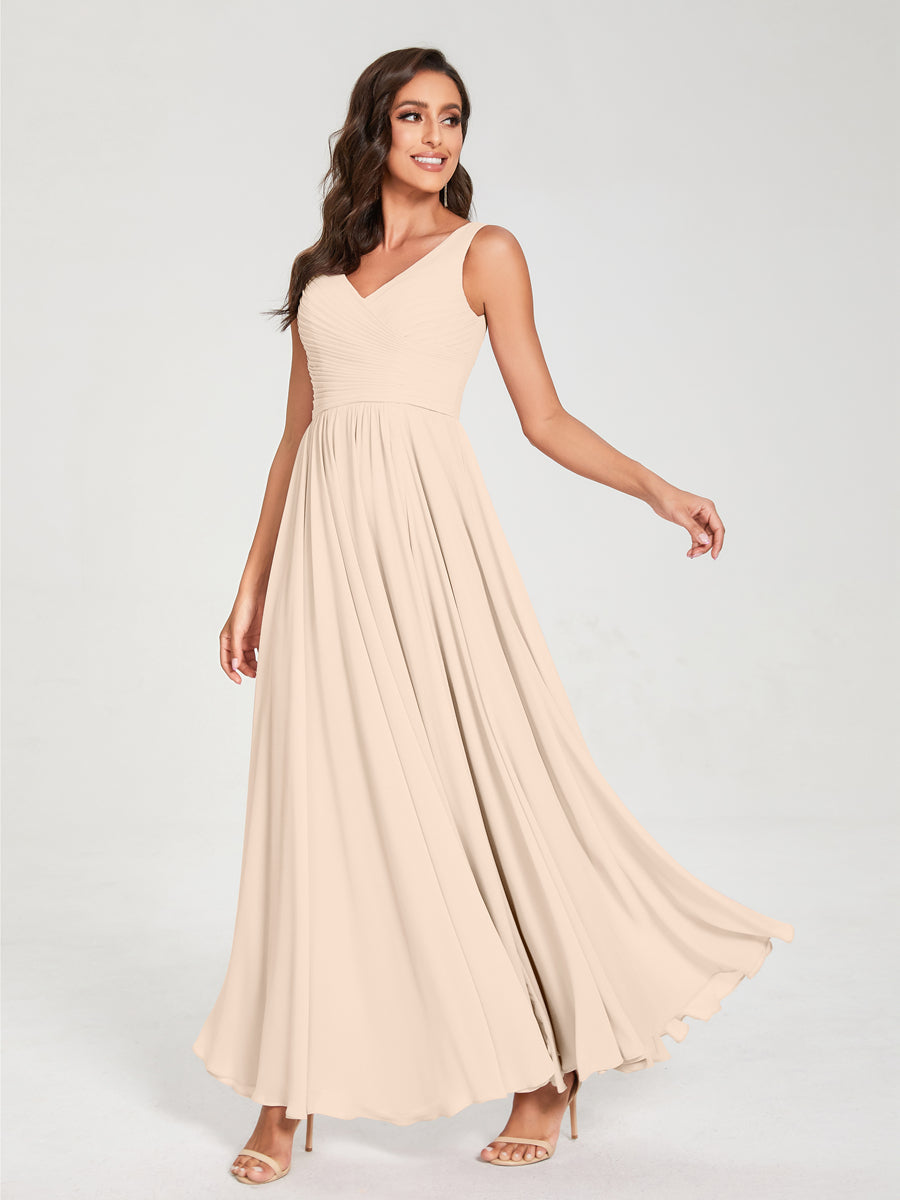 A-Line/Princess Chiffon V-Neck Sleeveless With Pleats Floor-Length Lace Up Bridesmaid Dresses Light Champagne