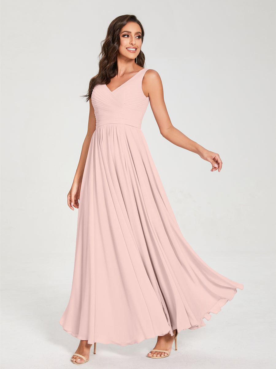A-Line/Princess Chiffon V-Neck Sleeveless With Pleats Floor-Length Lace Up Bridesmaid Dresses Light Pink