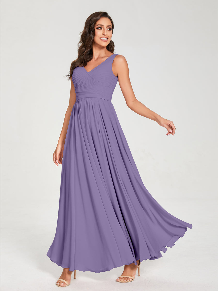A-Line/Princess Chiffon V-Neck Sleeveless With Pleats Floor-Length Lace Up Bridesmaid Dresses Light Purple
