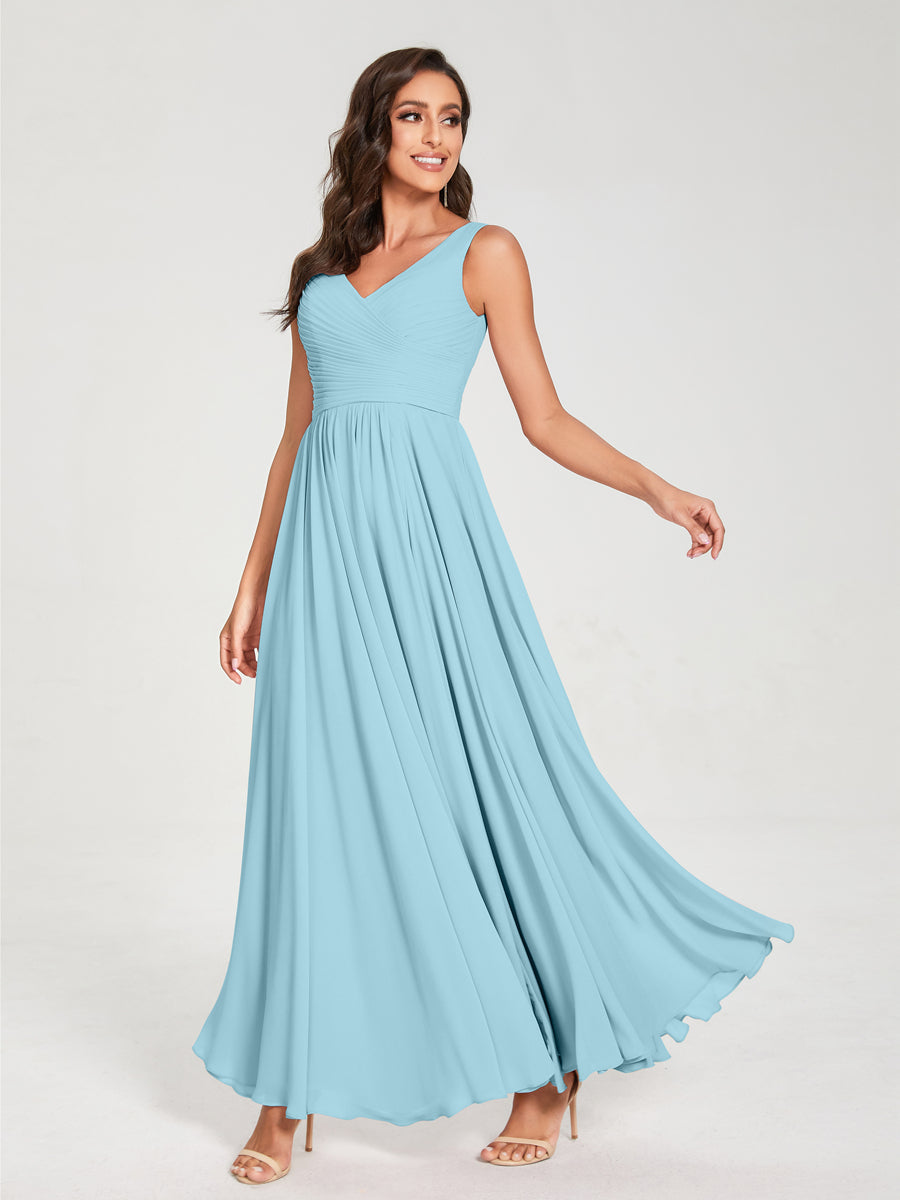 A-Line/Princess Chiffon V-Neck Sleeveless With Pleats Floor-Length Lace Up Bridesmaid Dresses Light Sky Blue