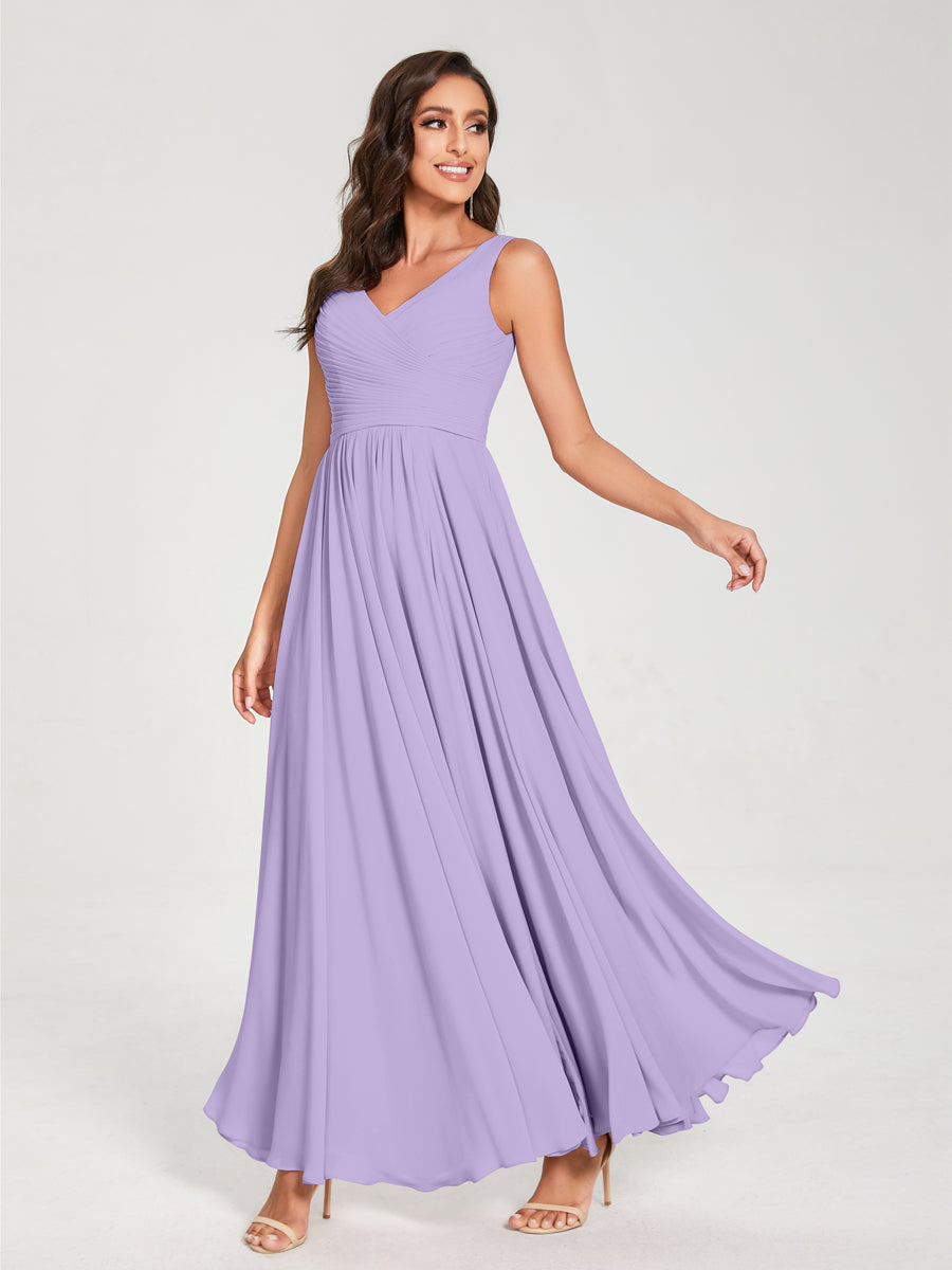 A-Line/Princess Chiffon V-Neck Sleeveless With Pleats Floor-Length Lace Up Bridesmaid Dresses Lilac