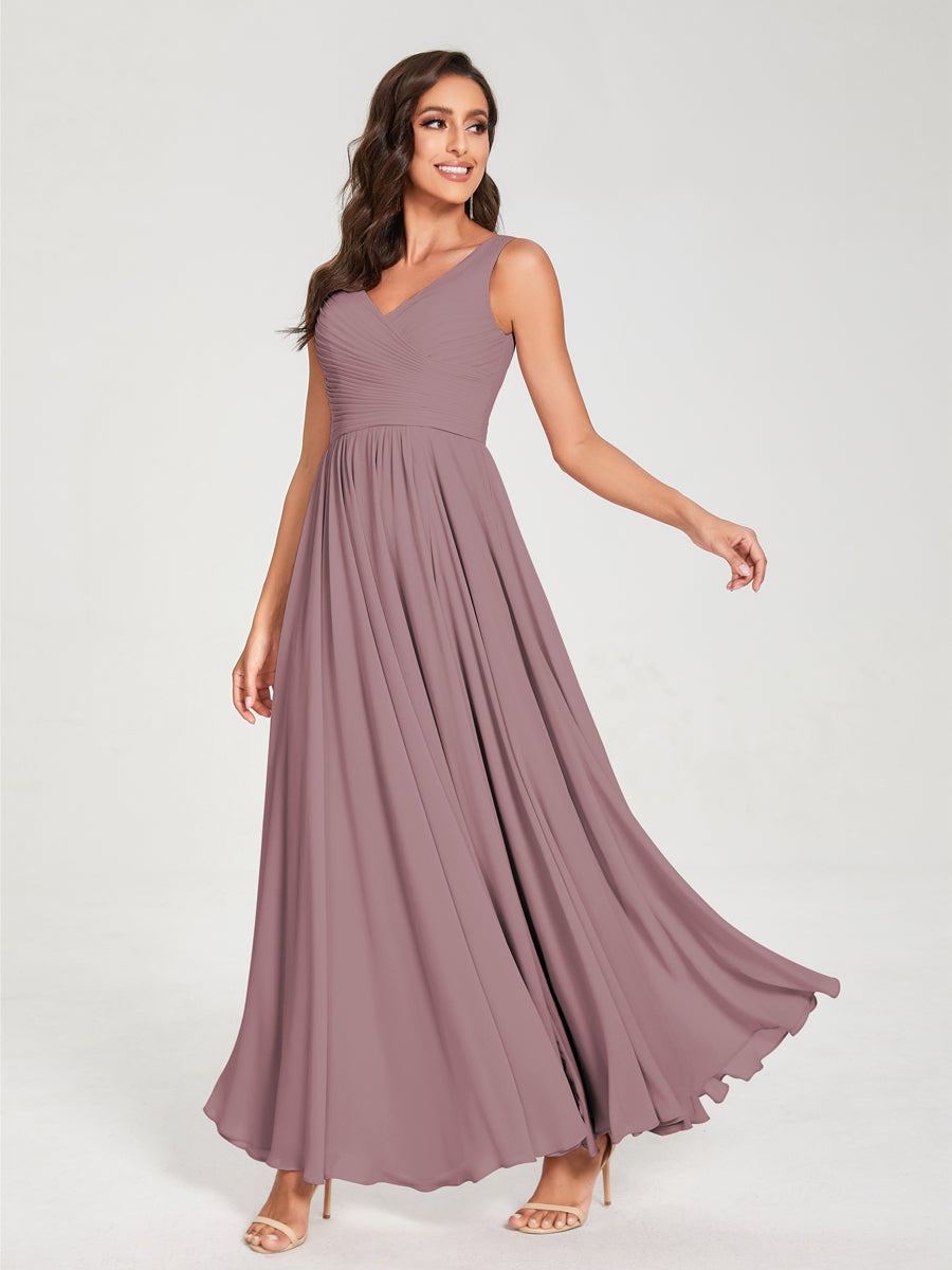 A-Line/Princess Chiffon V-Neck Sleeveless With Pleats Floor-Length Lace Up Bridesmaid Dresses Mauve
