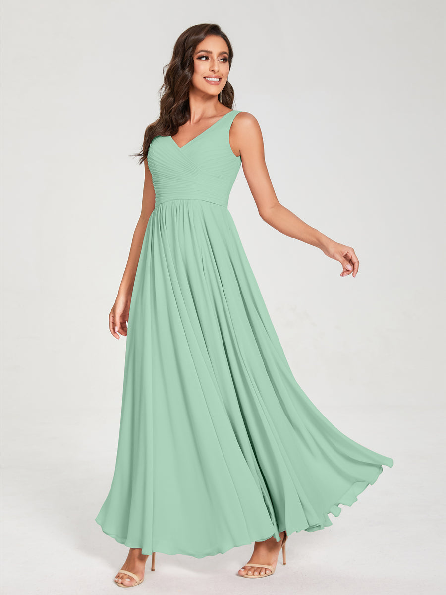 A-Line/Princess Chiffon V-Neck Sleeveless With Pleats Floor-Length Lace Up Bridesmaid Dresses Mint Green
