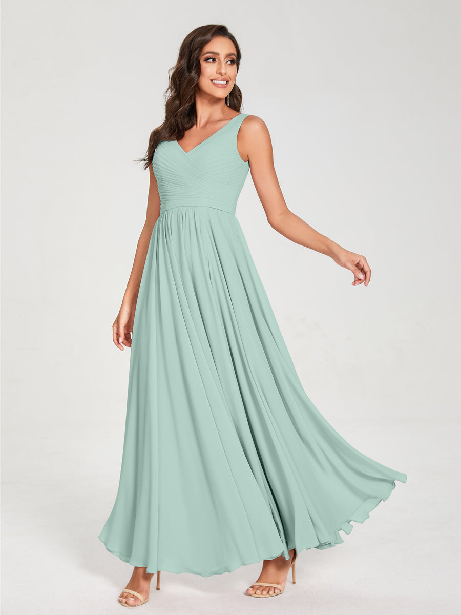 A-Line/Princess Chiffon V-Neck Sleeveless With Pleats Floor-Length Lace Up Bridesmaid Dresses Mist Blue