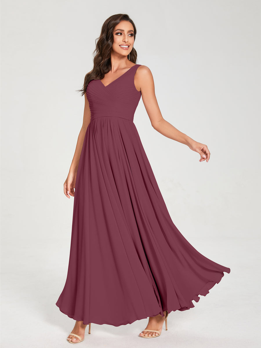 A-Line/Princess Chiffon V-Neck Sleeveless With Pleats Floor-Length Lace Up Bridesmaid Dresses Mulberry