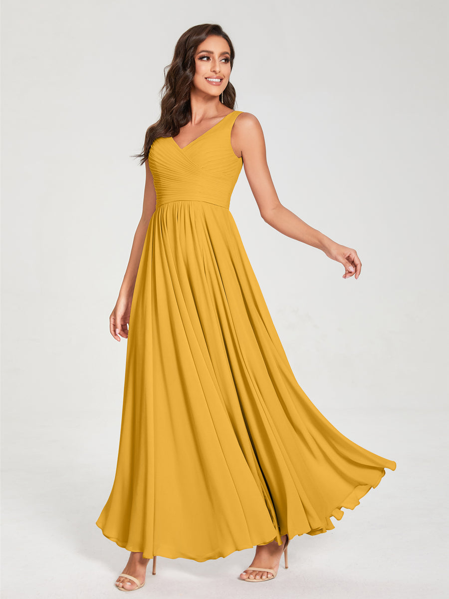 A-Line/Princess Chiffon V-Neck Sleeveless With Pleats Floor-Length Lace Up Bridesmaid Dresses Mustard Yellow