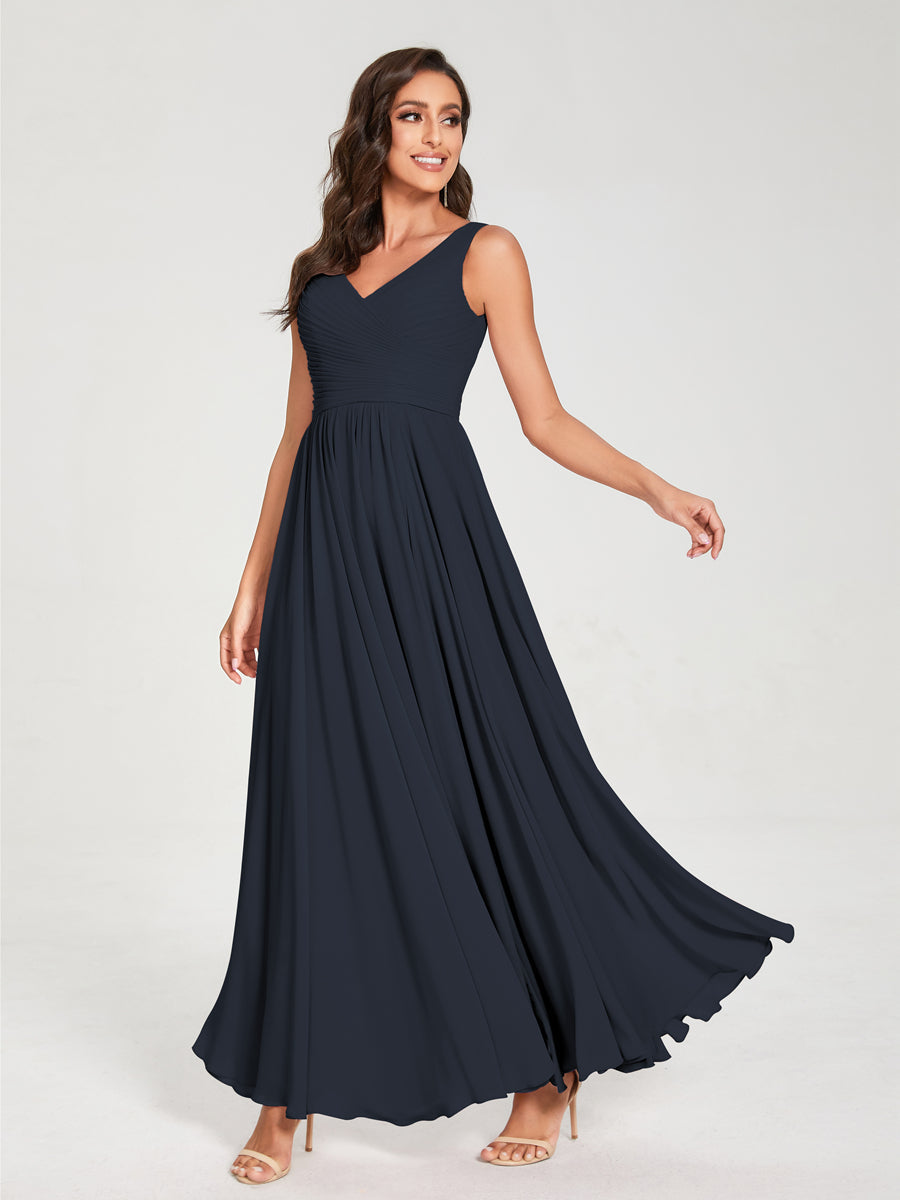 A-Line/Princess Chiffon V-Neck Sleeveless With Pleats Floor-Length Lace Up Bridesmaid Dresses Navy Blue