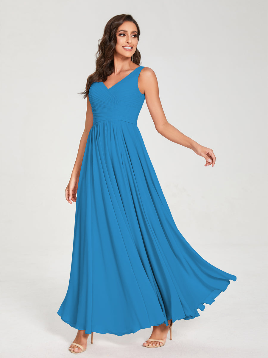 A-Line/Princess Chiffon V-Neck Sleeveless With Pleats Floor-Length Lace Up Bridesmaid Dresses Ocean Blue