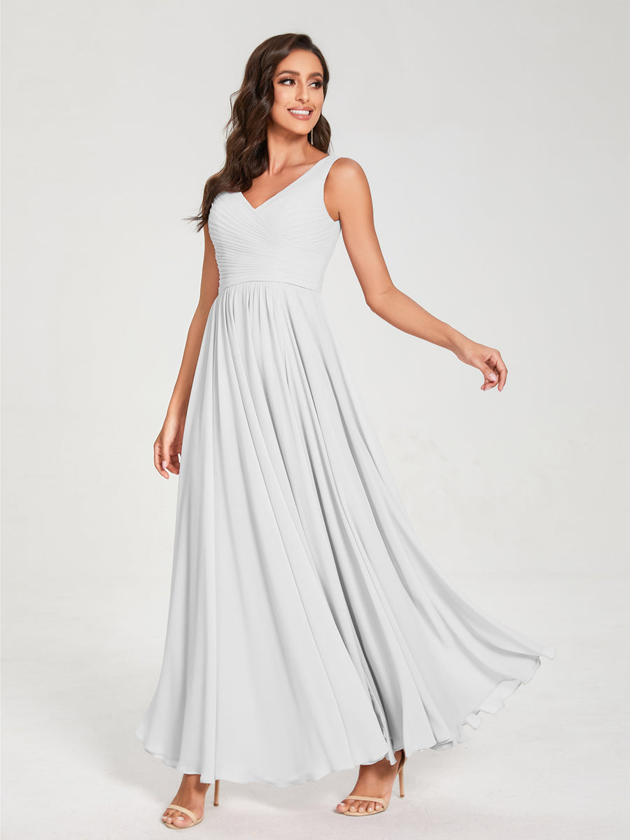 A-Line/Princess Chiffon V-Neck Sleeveless With Pleats Floor-Length Lace Up Bridesmaid Dresses Off White