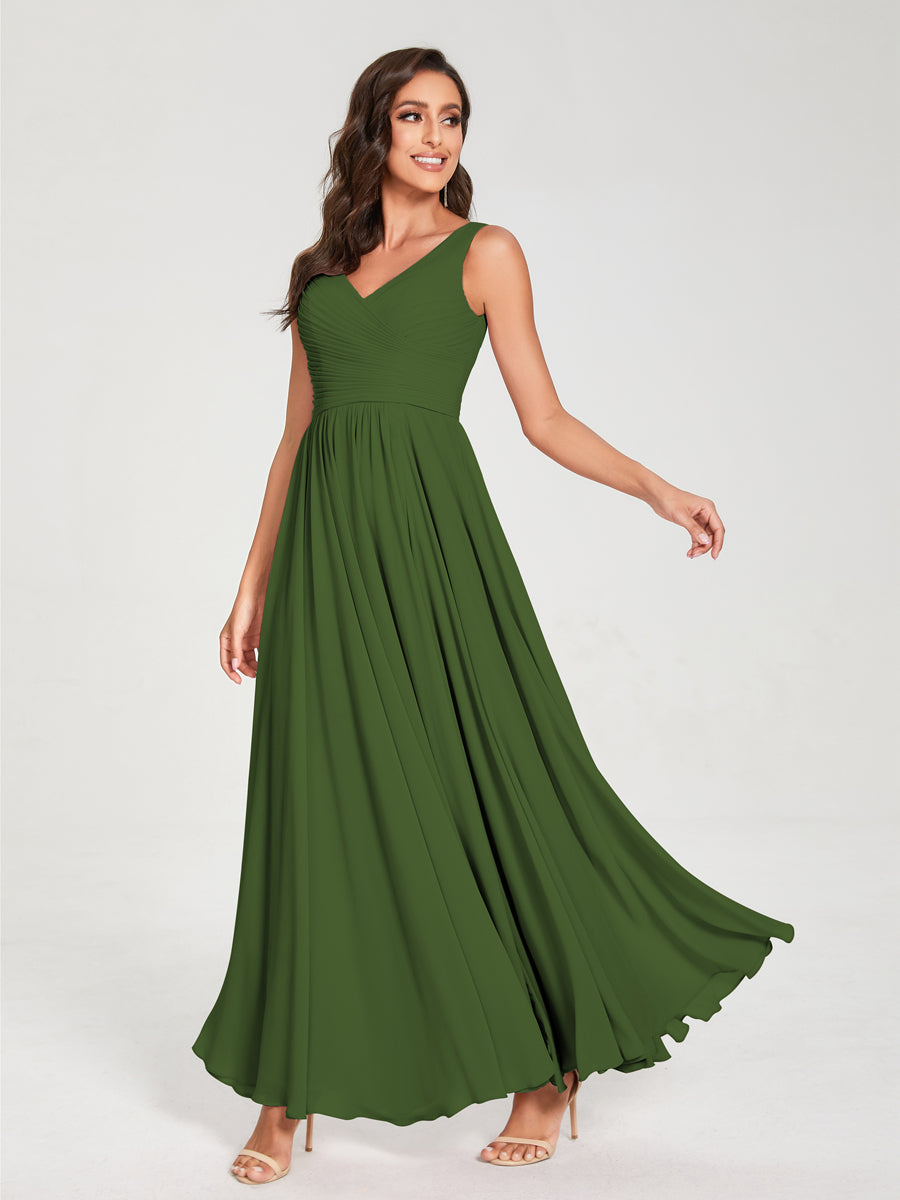 A-Line/Princess Chiffon V-Neck Sleeveless With Pleats Floor-Length Lace Up Bridesmaid Dresses Olive Green