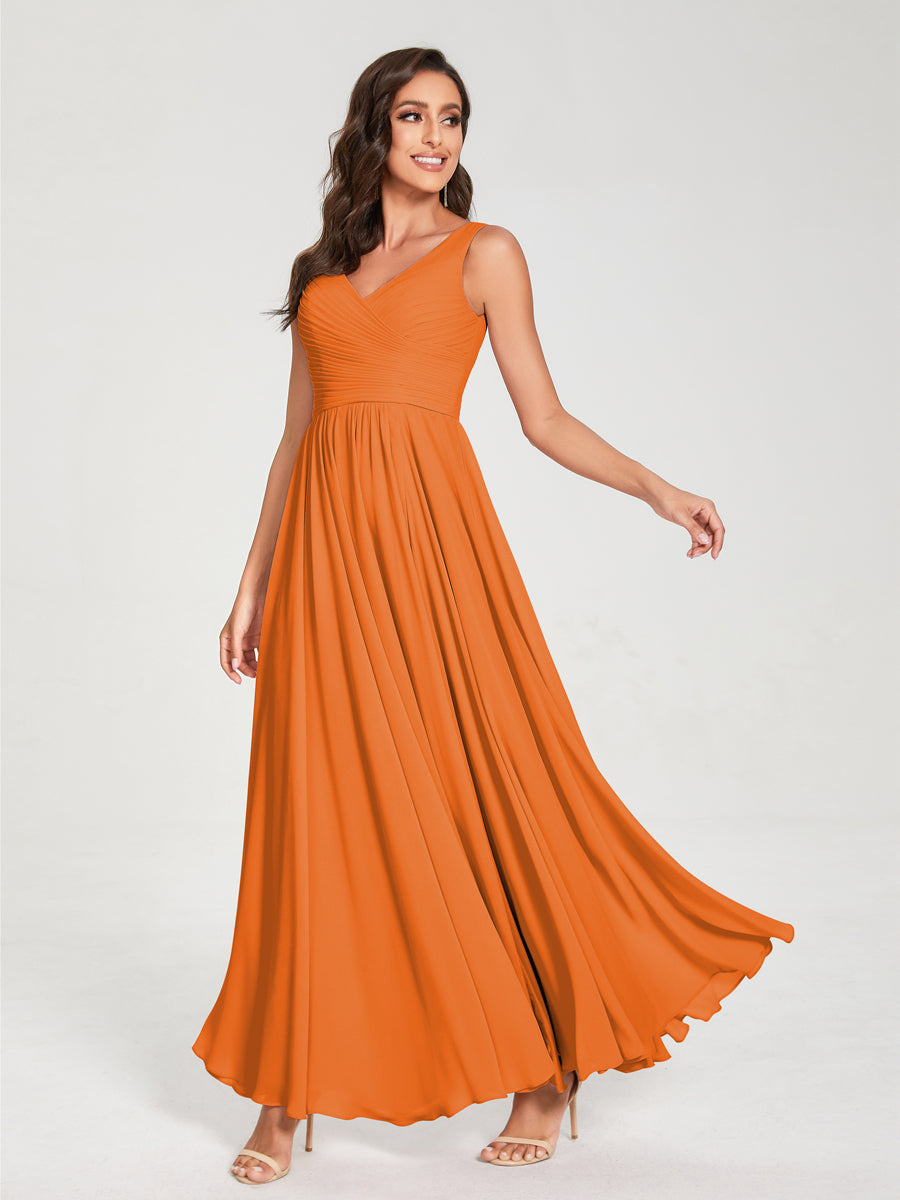 A-Line/Princess Chiffon V-Neck Sleeveless With Pleats Floor-Length Lace Up Bridesmaid Dresses Orange