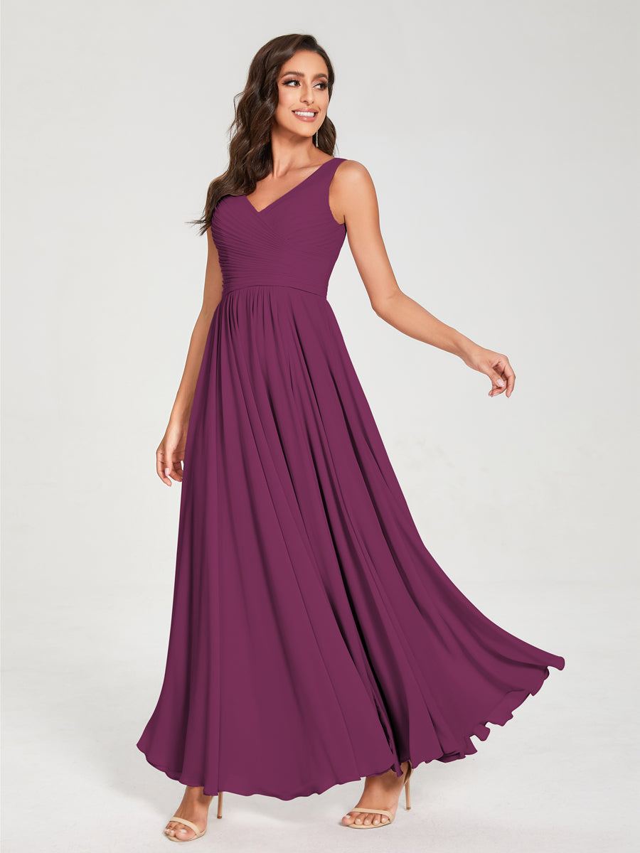 A-Line/Princess Chiffon V-Neck Sleeveless With Pleats Floor-Length Lace Up Bridesmaid Dresses Orchid
