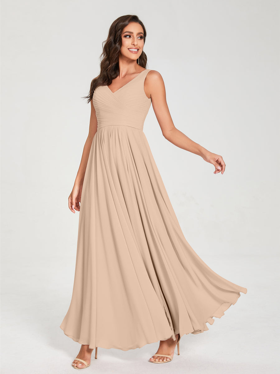 A-Line/Princess Chiffon V-Neck Sleeveless With Pleats Floor-Length Lace Up Bridesmaid Dresses Peach Pink