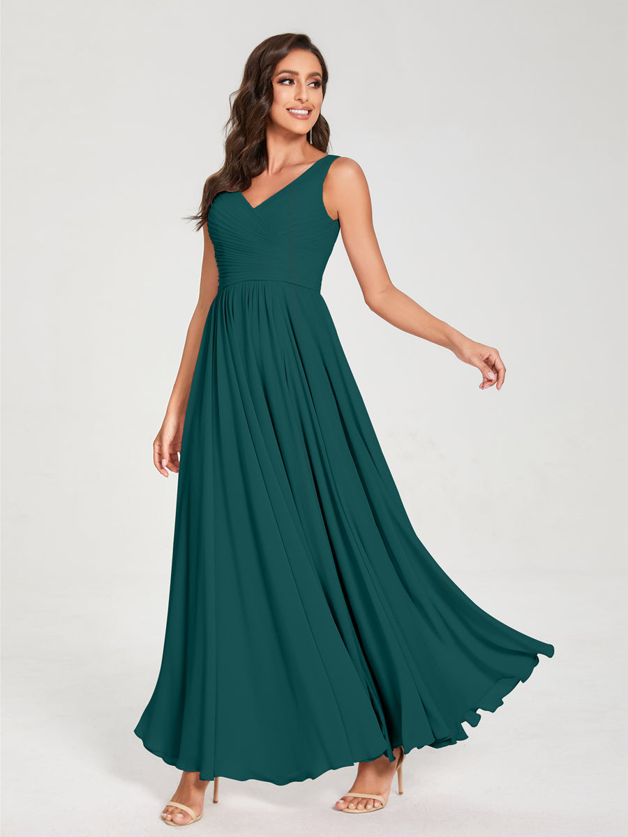 A-Line/Princess Chiffon V-Neck Sleeveless With Pleats Floor-Length Lace Up Bridesmaid Dresses Peacock
