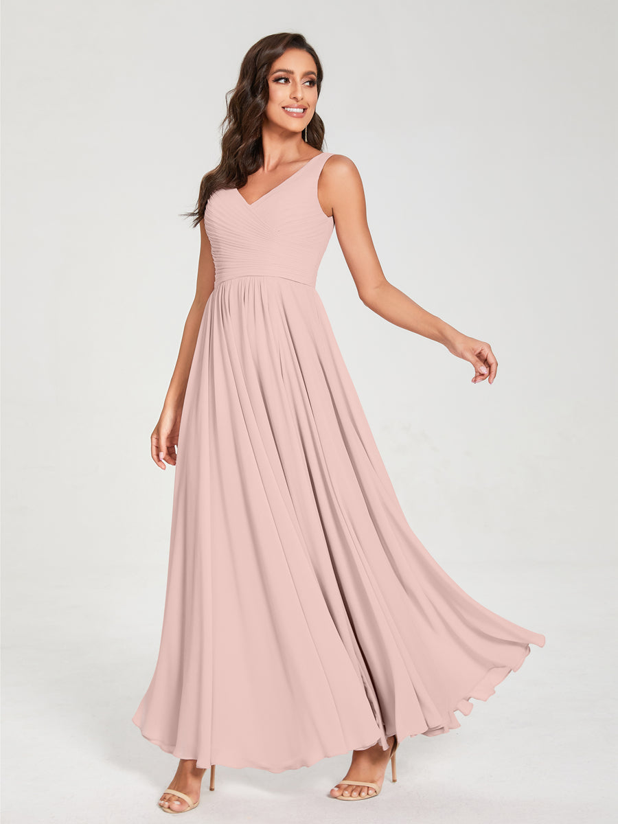 A-Line/Princess Chiffon V-Neck Sleeveless With Pleats Floor-Length Lace Up Bridesmaid Dresses Pearl Pink