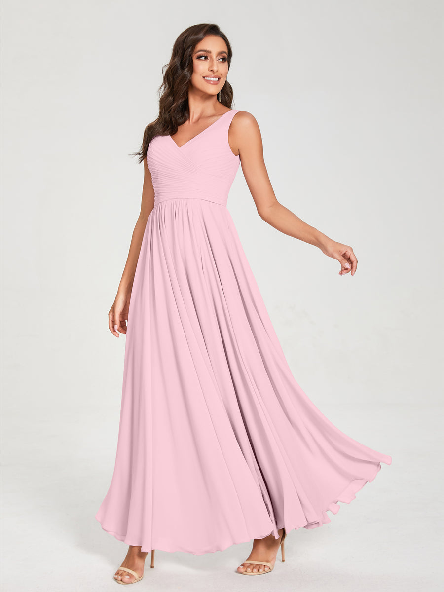 A-Line/Princess Chiffon V-Neck Sleeveless With Pleats Floor-Length Lace Up Bridesmaid Dresses Pink