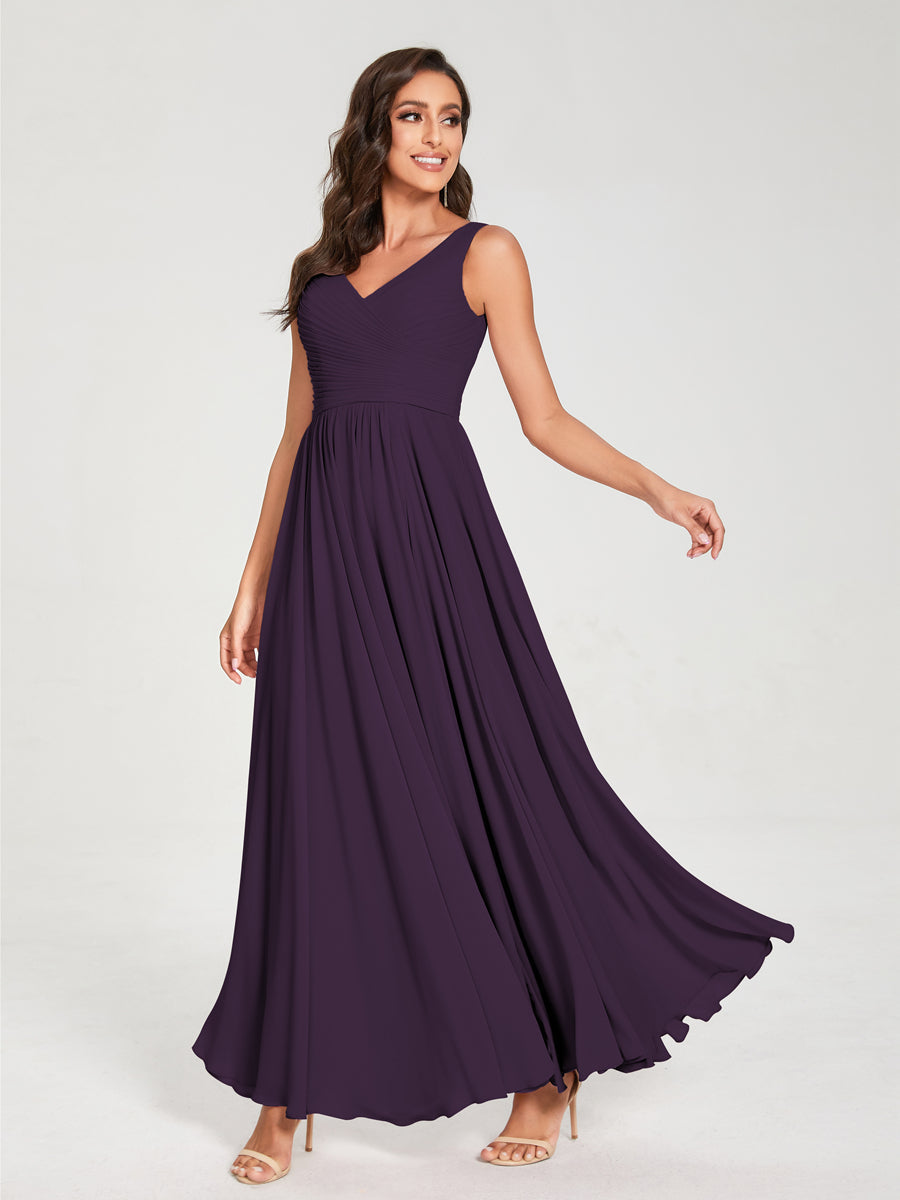 A-Line/Princess Chiffon V-Neck Sleeveless With Pleats Floor-Length Lace Up Bridesmaid Dresses Plum